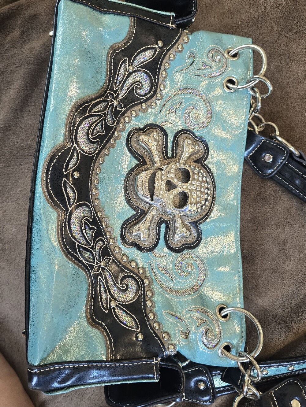 Pirate Turquoise Skull and Crossbones Bling Embellished Women’s Handbag - Picture 14 of 15
